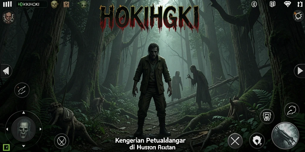 Antarmuka menakutkan dari game HOKIHOKI dengan suasana hutan angker.